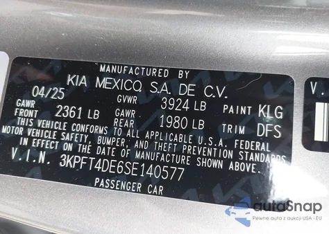 2025 Kia K4 Lxs из США, поврежденный, VIN 3KPFT4DE6SE140577